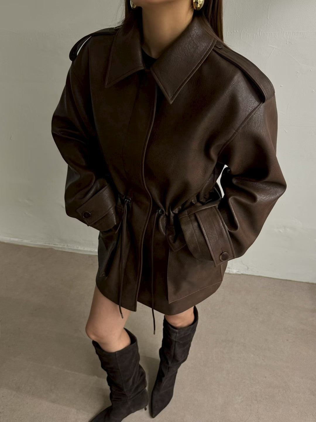 JK22089- 韓國PU皮革寬鬆機車外套