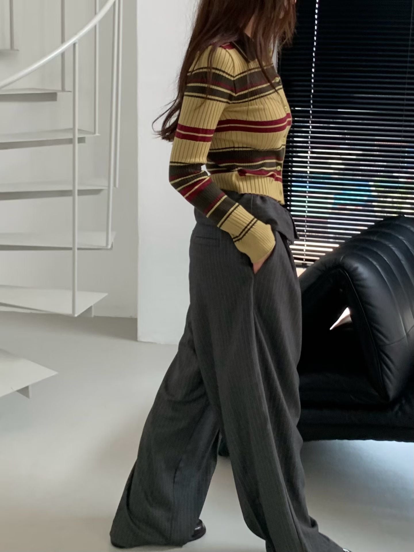 TP22006- 韓國短身復古修身撞色條紋毛衣針織開襟衫