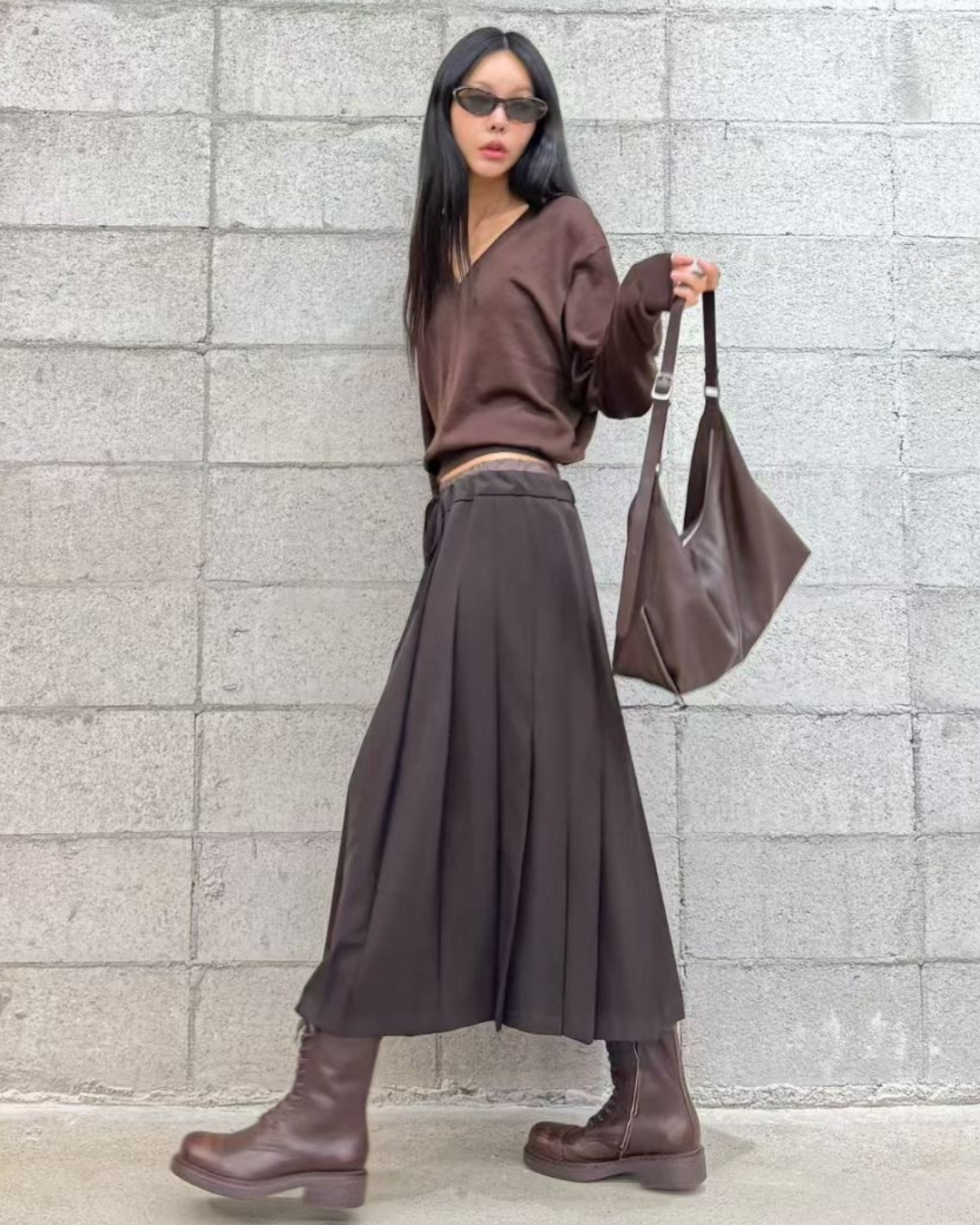 ST22030- 韓國拼色百褶裙配真絲羊毛透薄V領長袖