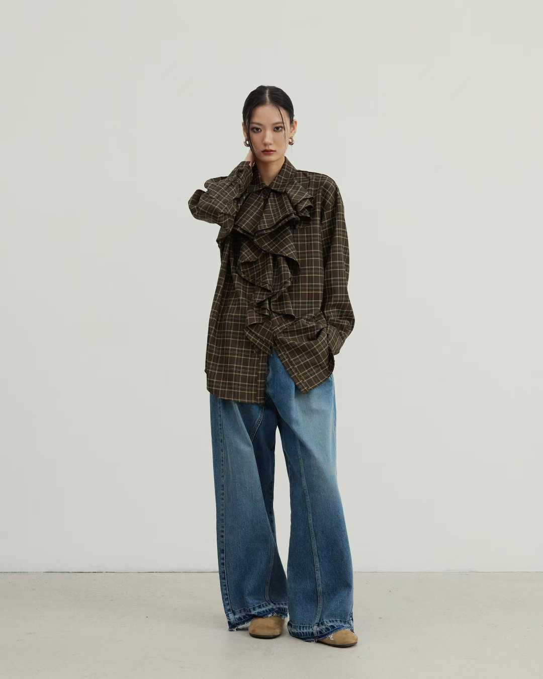 TP22073- 韓國設計師款復古浪漫格紋荷葉邊長袖襯衫