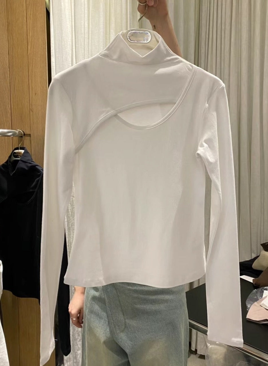 TP11336- Korean mid-front hollow turtleneck slim solid color long-sleeved T-shirt