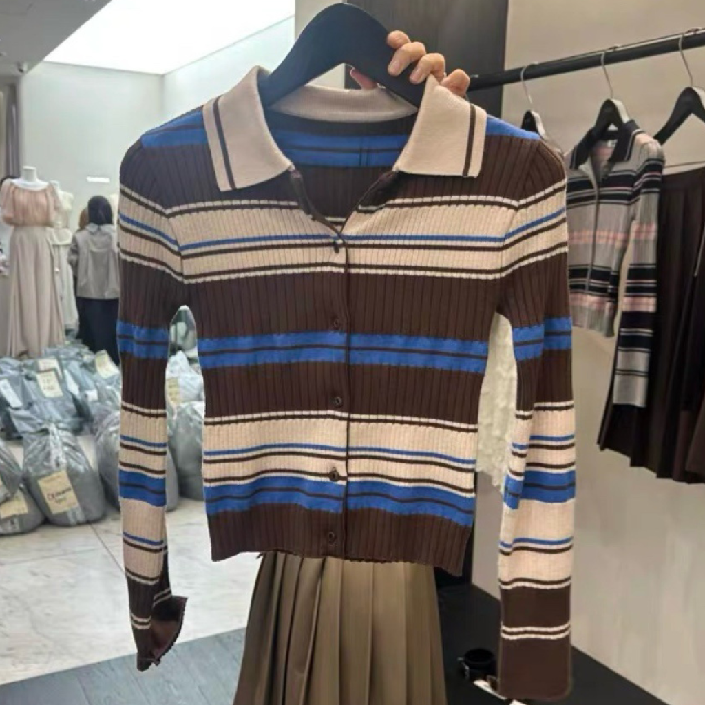 TP22006- 韓國短身復古修身撞色條紋毛衣針織開襟衫