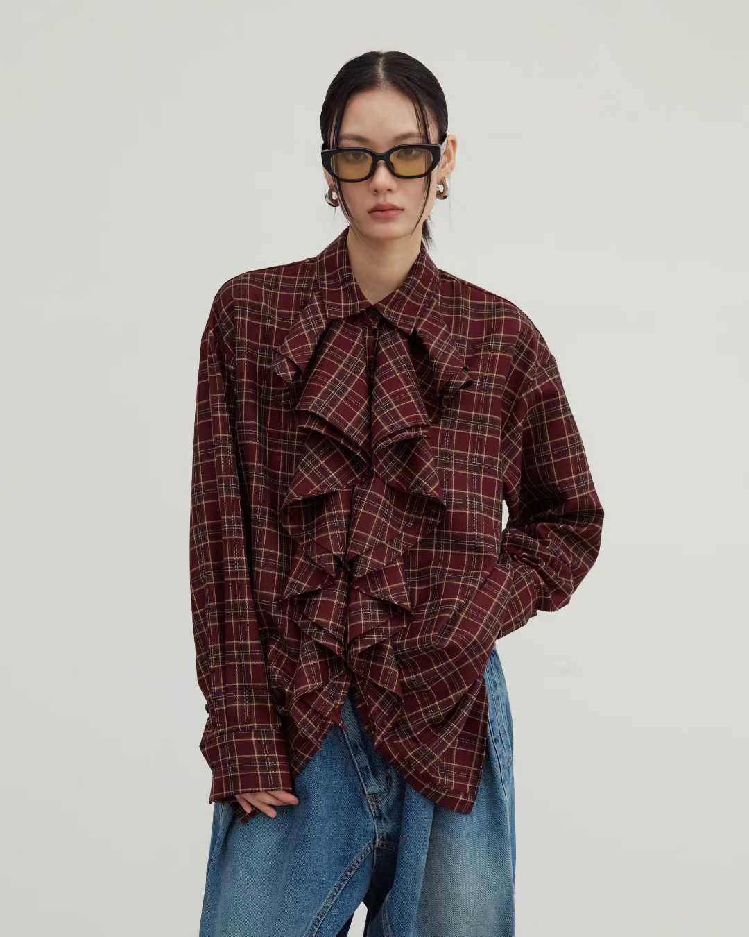 TP22073- 韓國設計師款復古浪漫格紋荷葉邊長袖襯衫