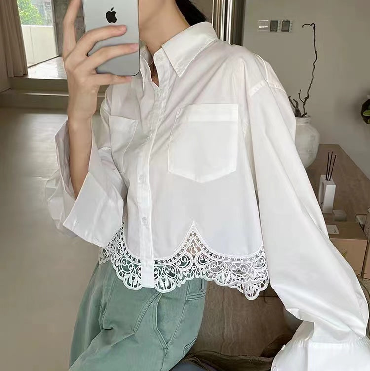 TP11330- Elegant French lace stitching design women’s white shirt