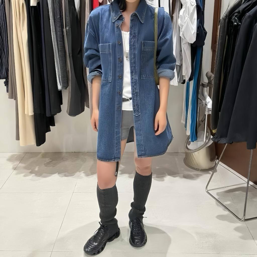 DN21899- 美式復古寬鬆長版牛仔襯衫外套