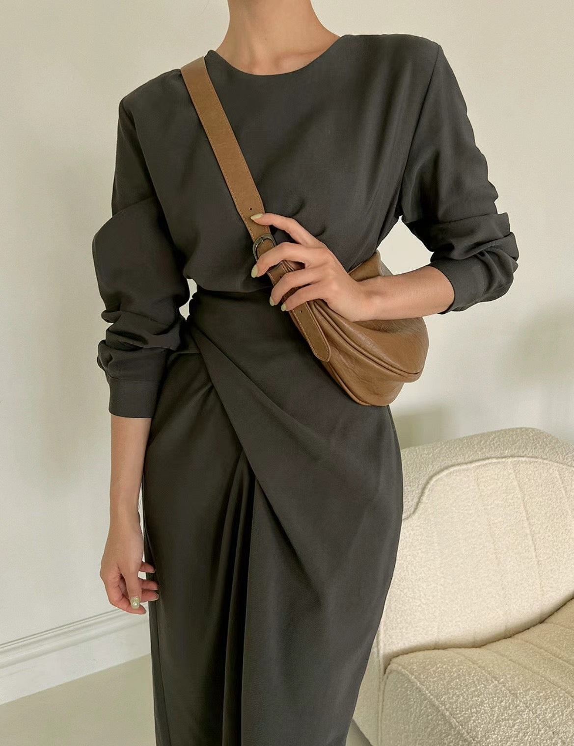 DS11221- FW23 Korean waist strap design elegant style dress