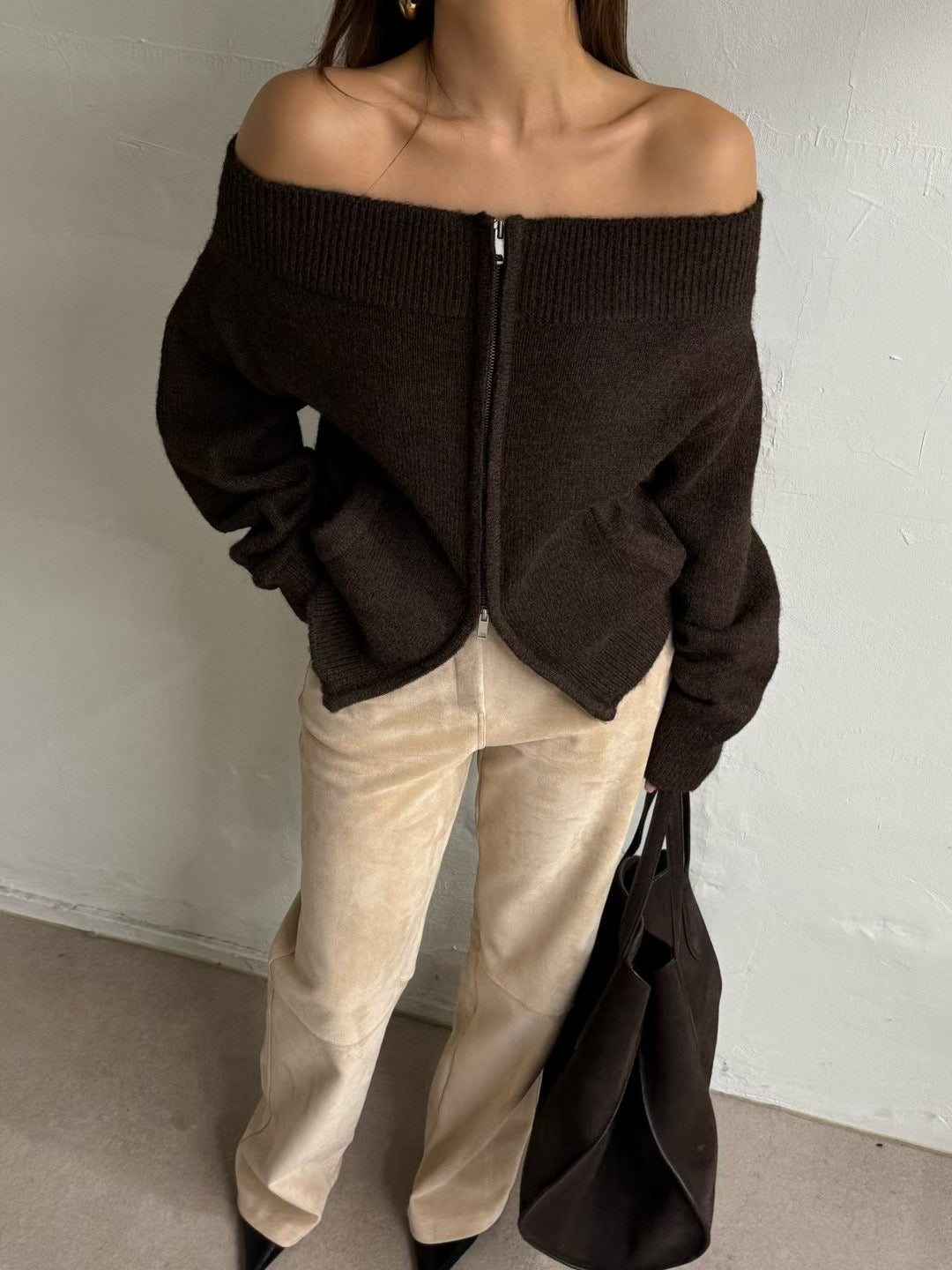 TP22086- 韓國法式羊毛混紡一字領寬鬆長袖毛衣