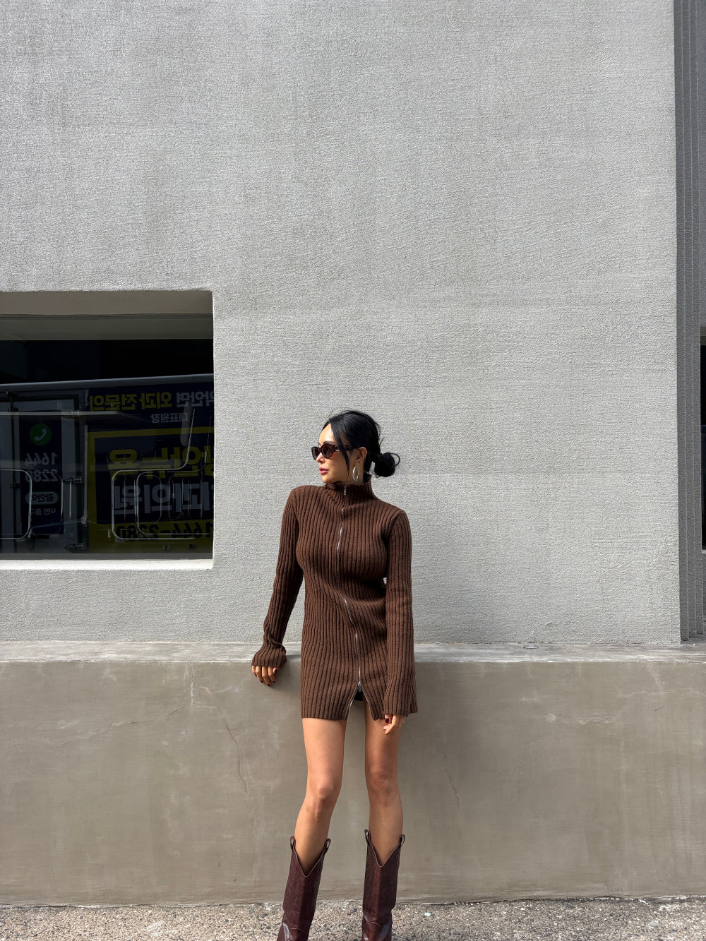 DS22072- 韓國設計師款式高領拉鍊針織洋裝