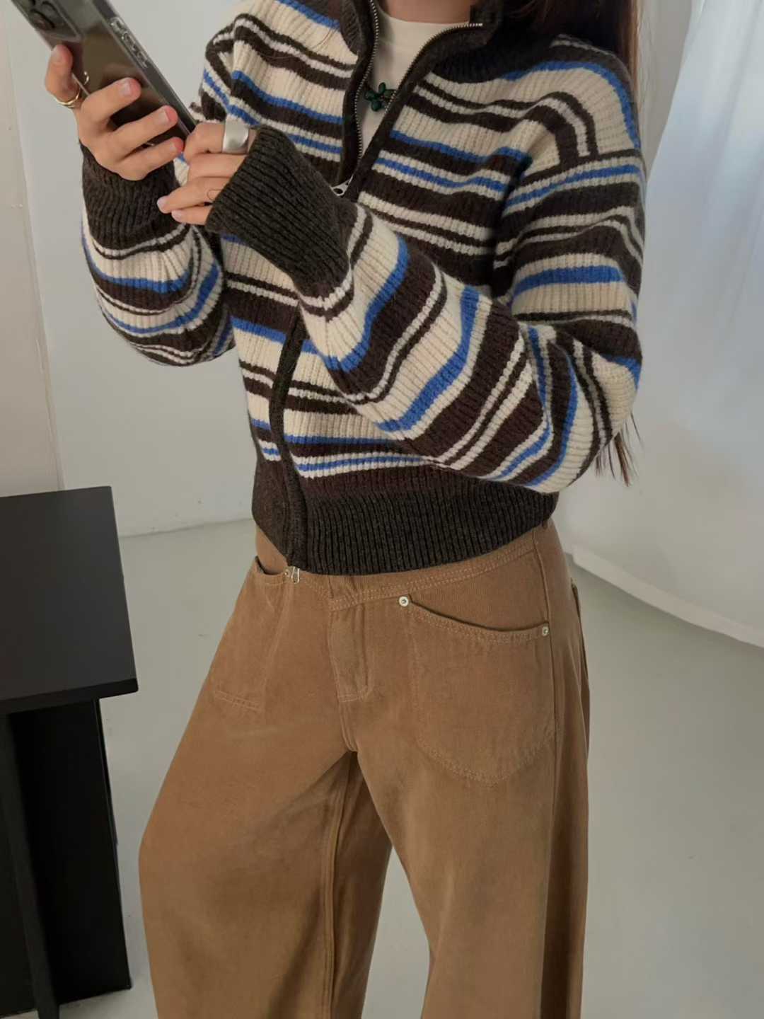 TP22080- 韓國高質感羊駝毛混紡條紋休閒針織外套