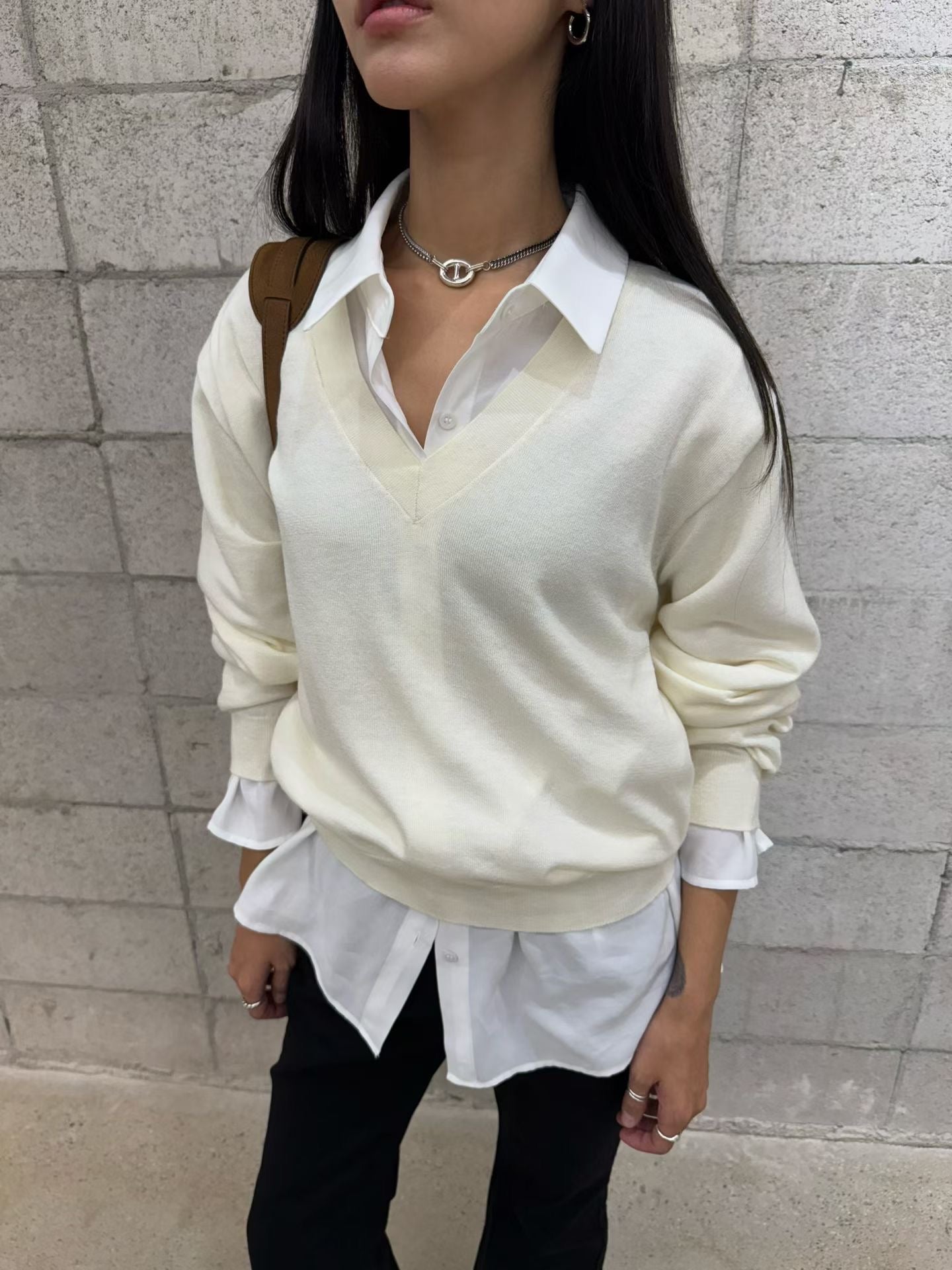 ST22030- 韓國拼色百褶裙配真絲羊毛透薄V領長袖