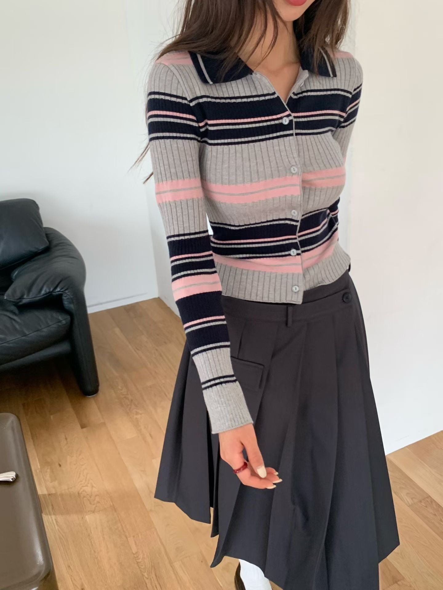 TP22006- 韓國短身復古修身撞色條紋毛衣針織開襟衫