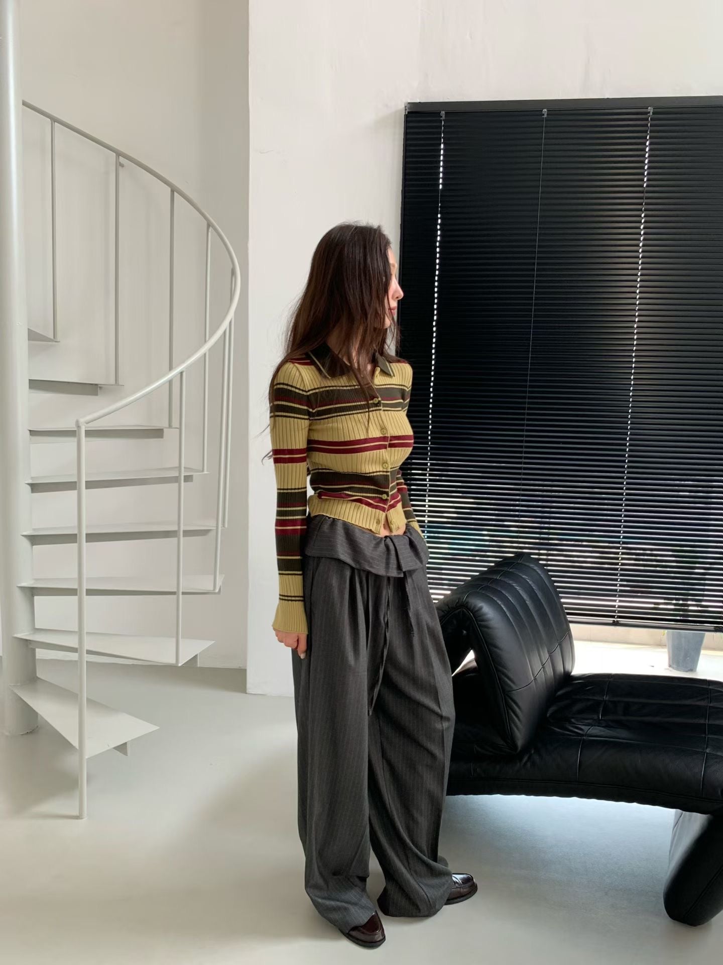 TP22006- 韓國短身復古修身撞色條紋毛衣針織開襟衫