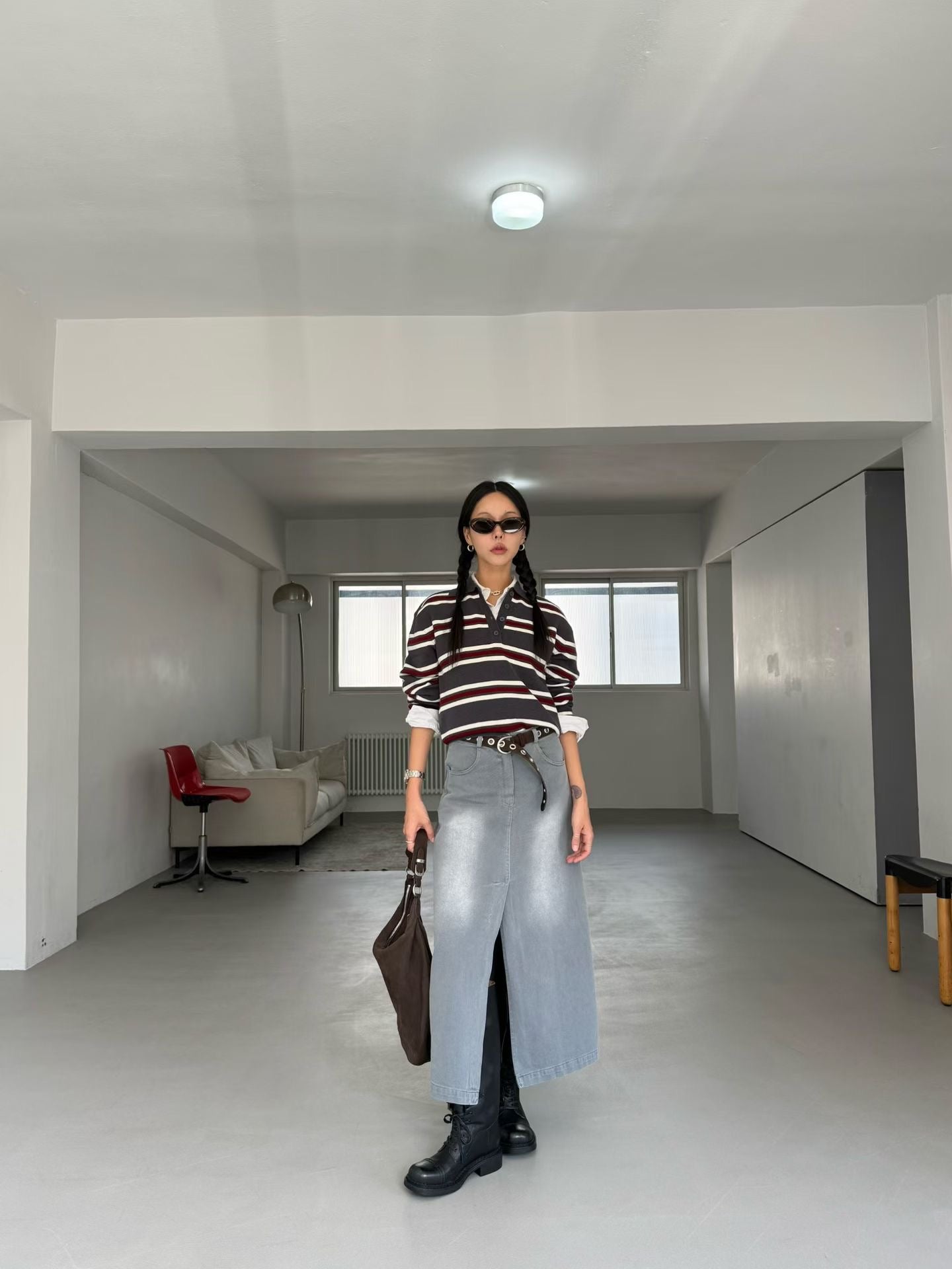 TP22025- 韓國撞色條紋短版POLO針織衫