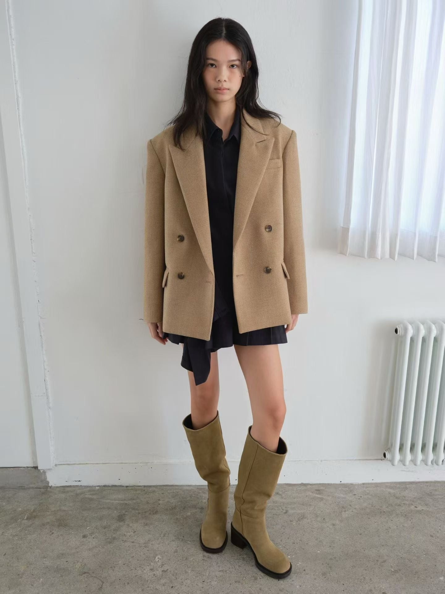 OT22026- 韓國設計師款經典寛鬆百搭毛呢雙排扣西裝