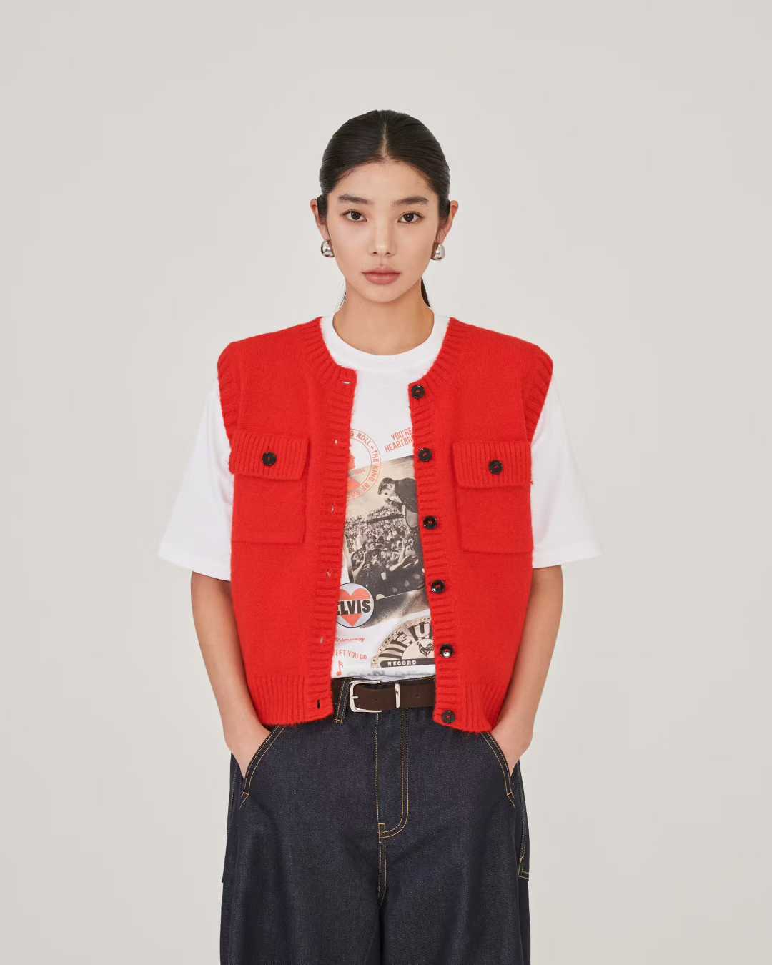 TP22078- 韓國設計師款學院復古雙口袋羊毛混紡針織背心