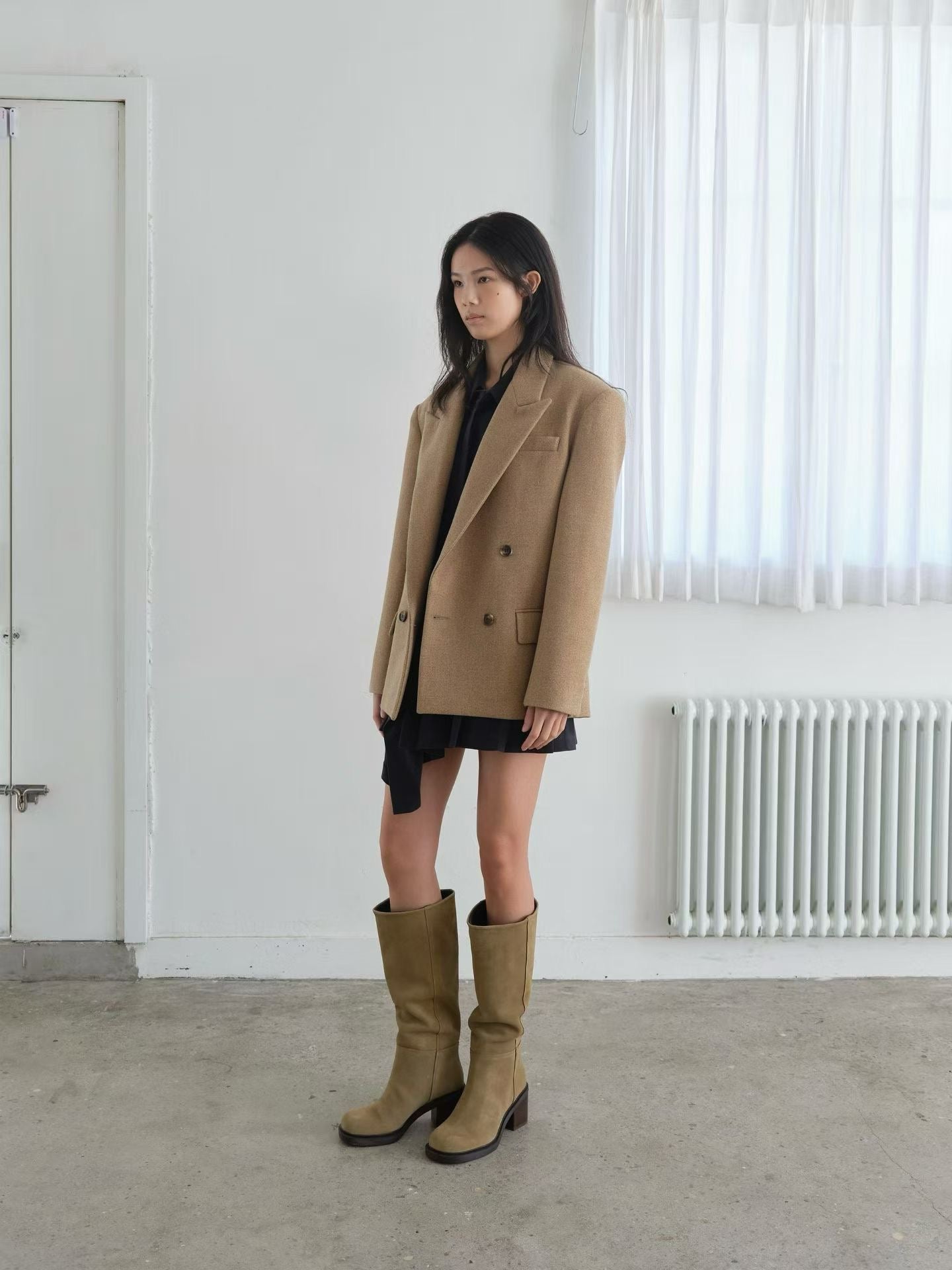 OT22026- 韓國設計師款經典寛鬆百搭毛呢雙排扣西裝