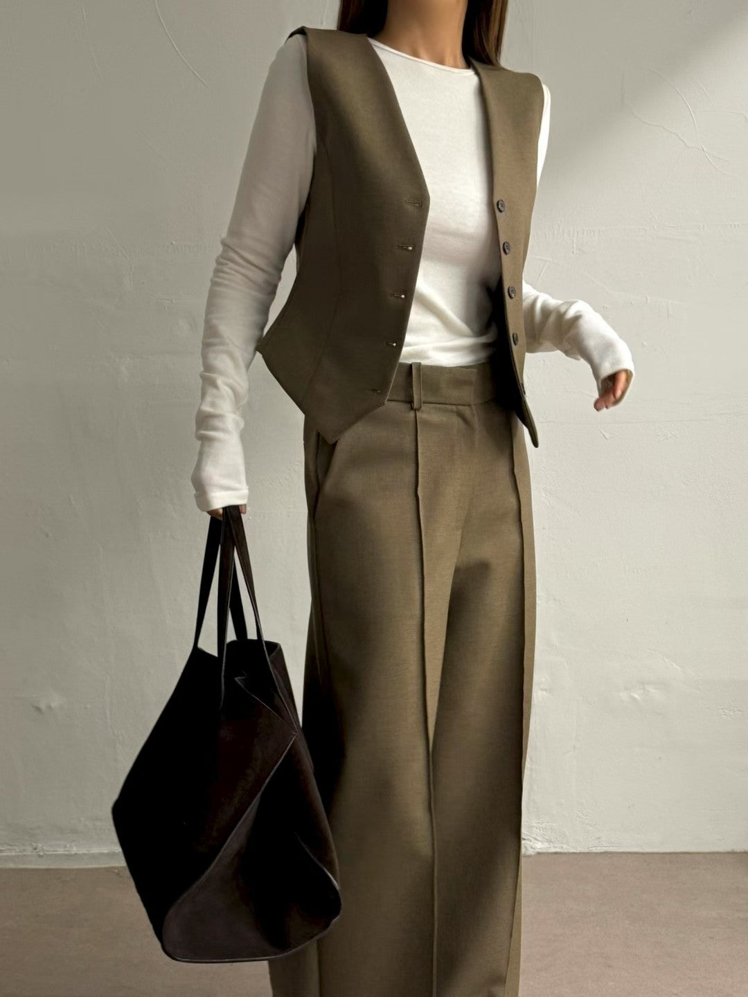 ST22090- 韓國西裝馬甲背心 + 寬鬆直筒褲兩件套