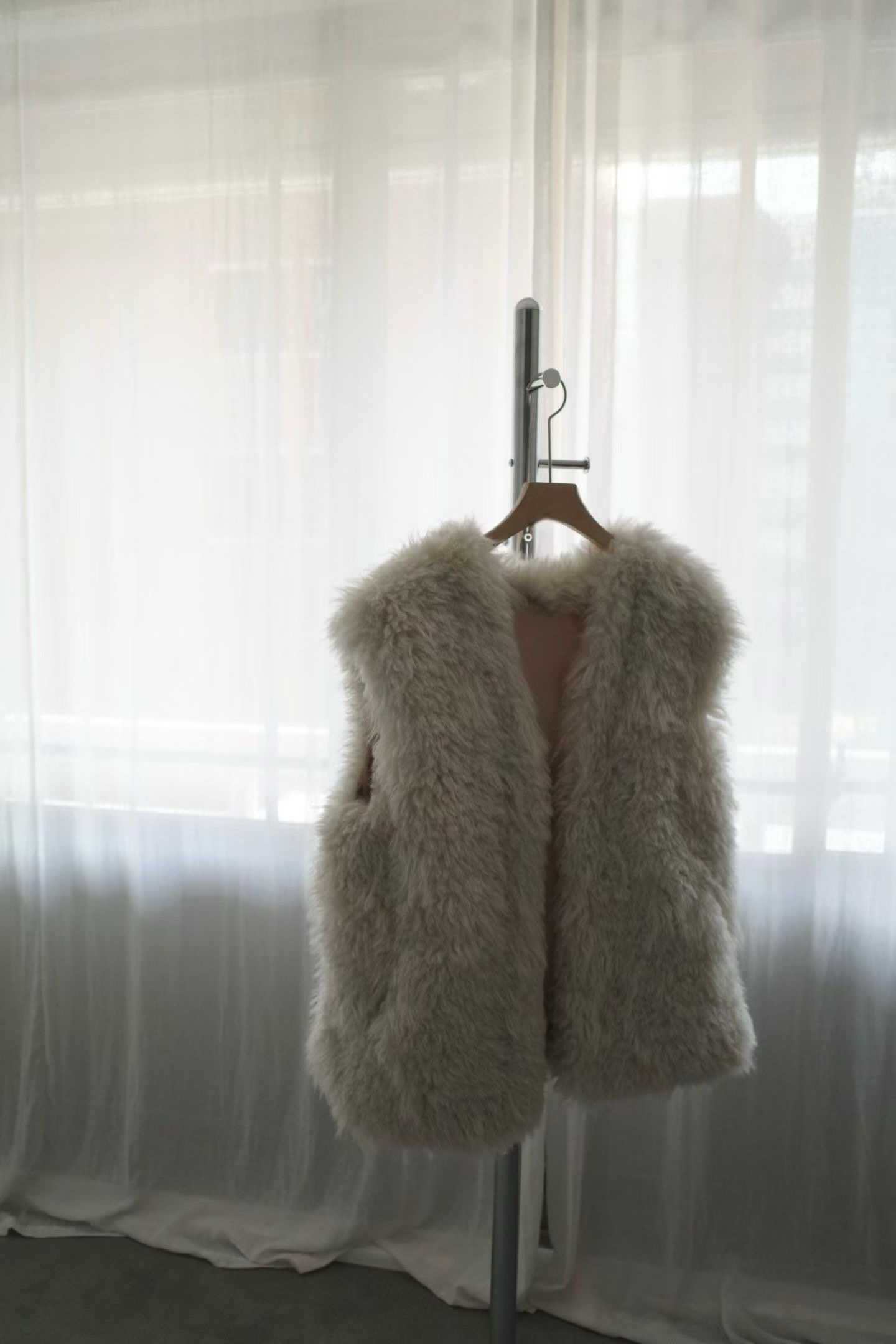 OT21998- 韓國V領fake fur羊羔毛环保皮草馬甲背心