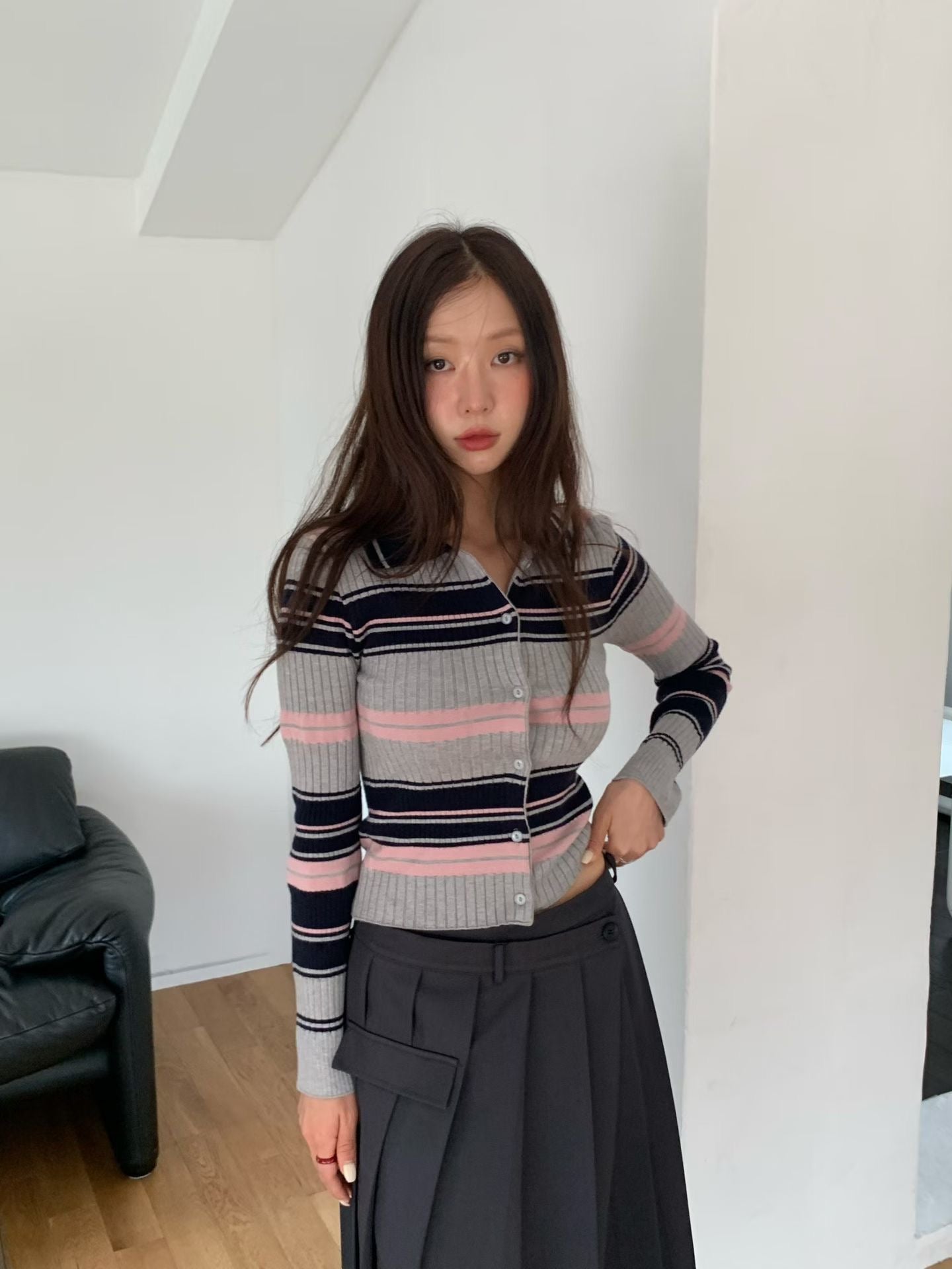 TP22006- 韓國短身復古修身撞色條紋毛衣針織開襟衫