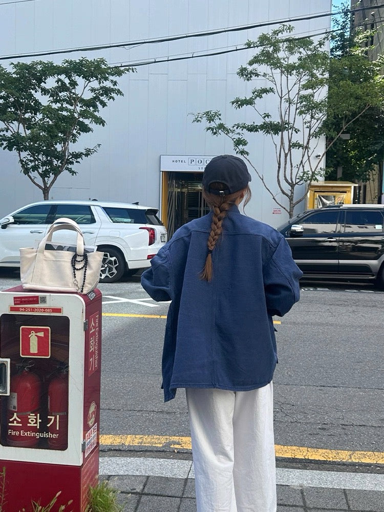 OT21828- 韓國中長款拼接翻領寬鬆工裝牛仔外套
