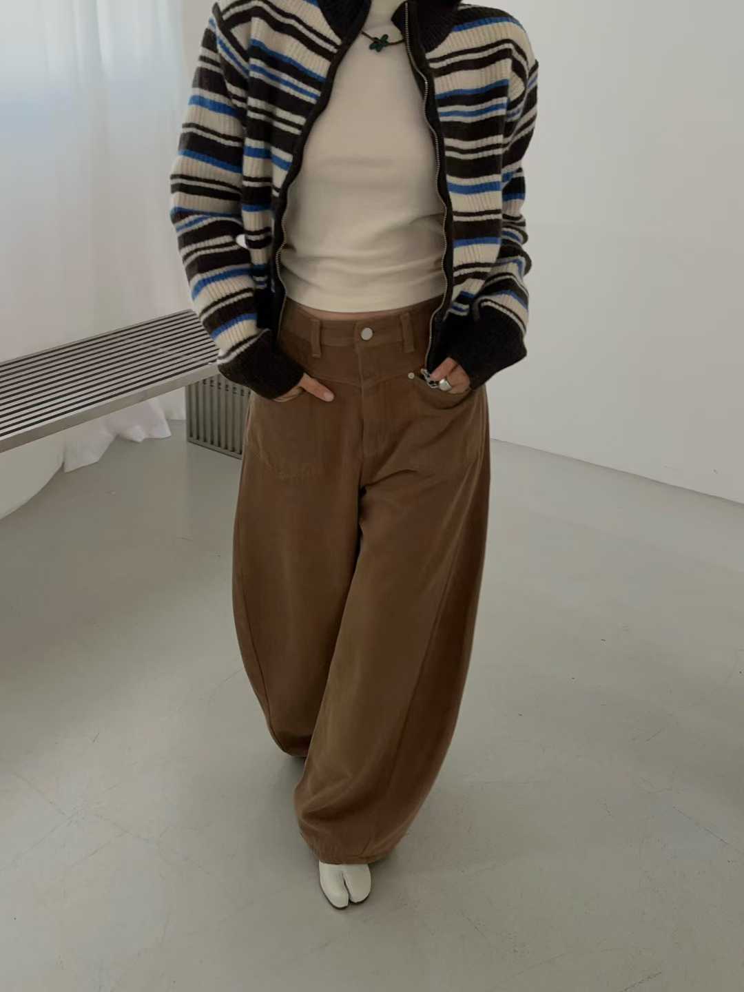 TP22080- 韓國高質感羊駝毛混紡條紋休閒針織外套