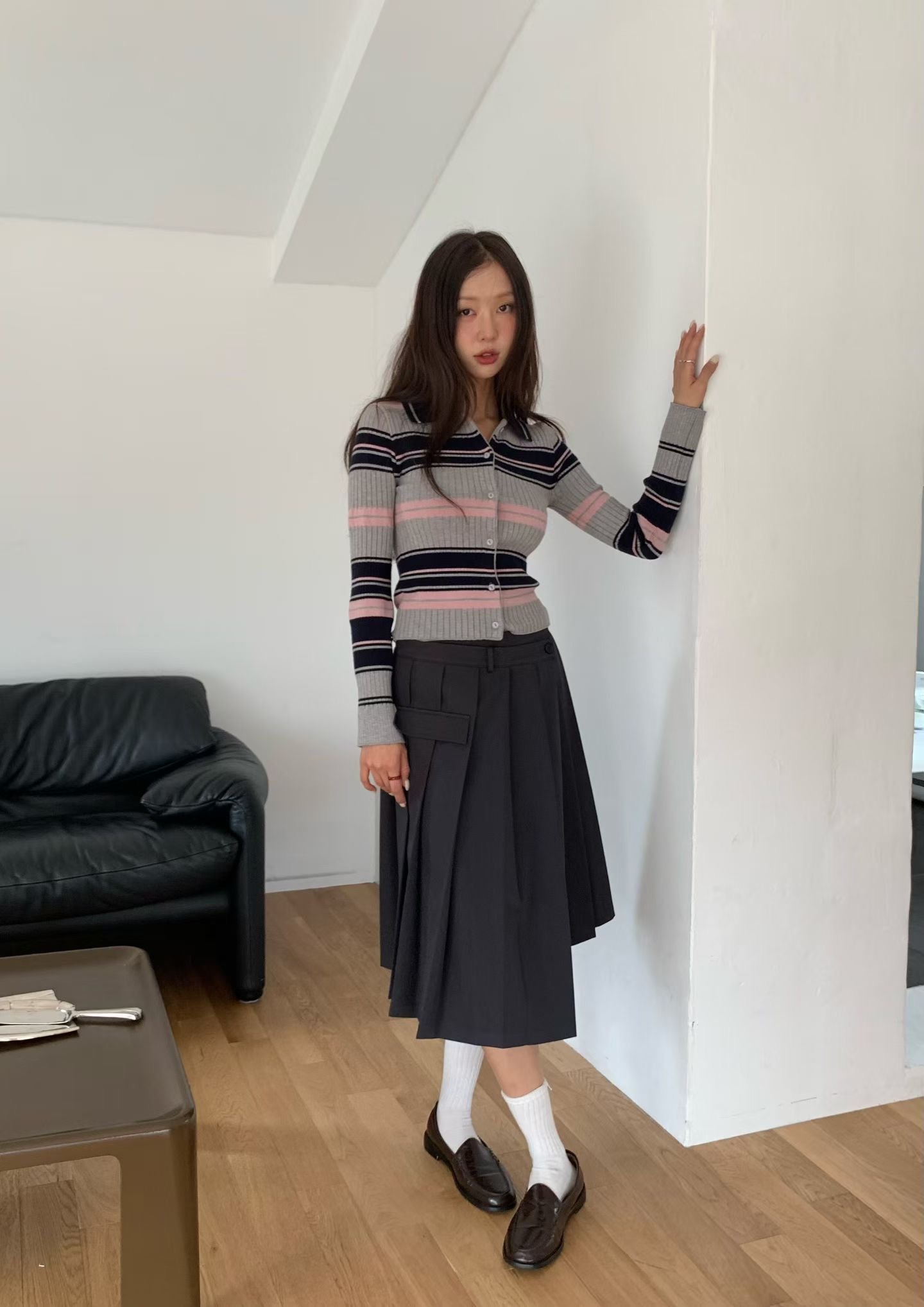 TP22006- 韓國短身復古修身撞色條紋毛衣針織開襟衫