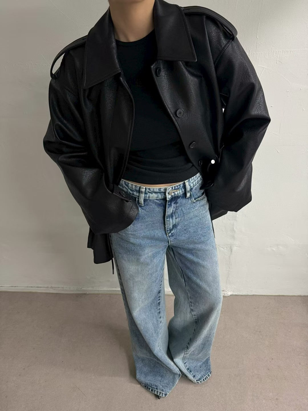 JK22089- 韓國PU皮革寬鬆機車外套