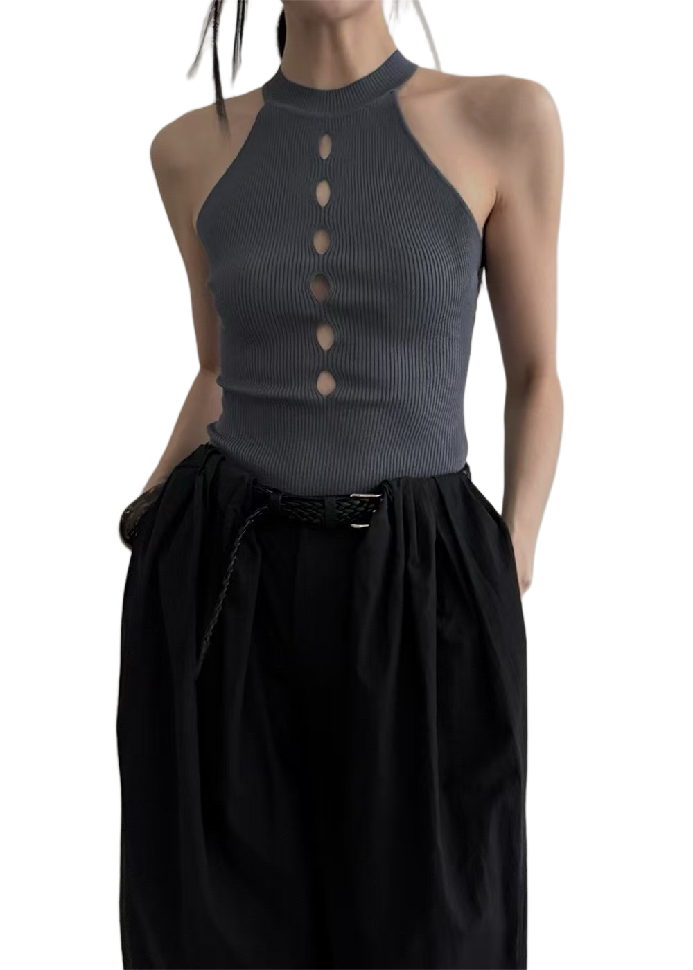 TP21289 - Hollowed-out Button Knitted Vest