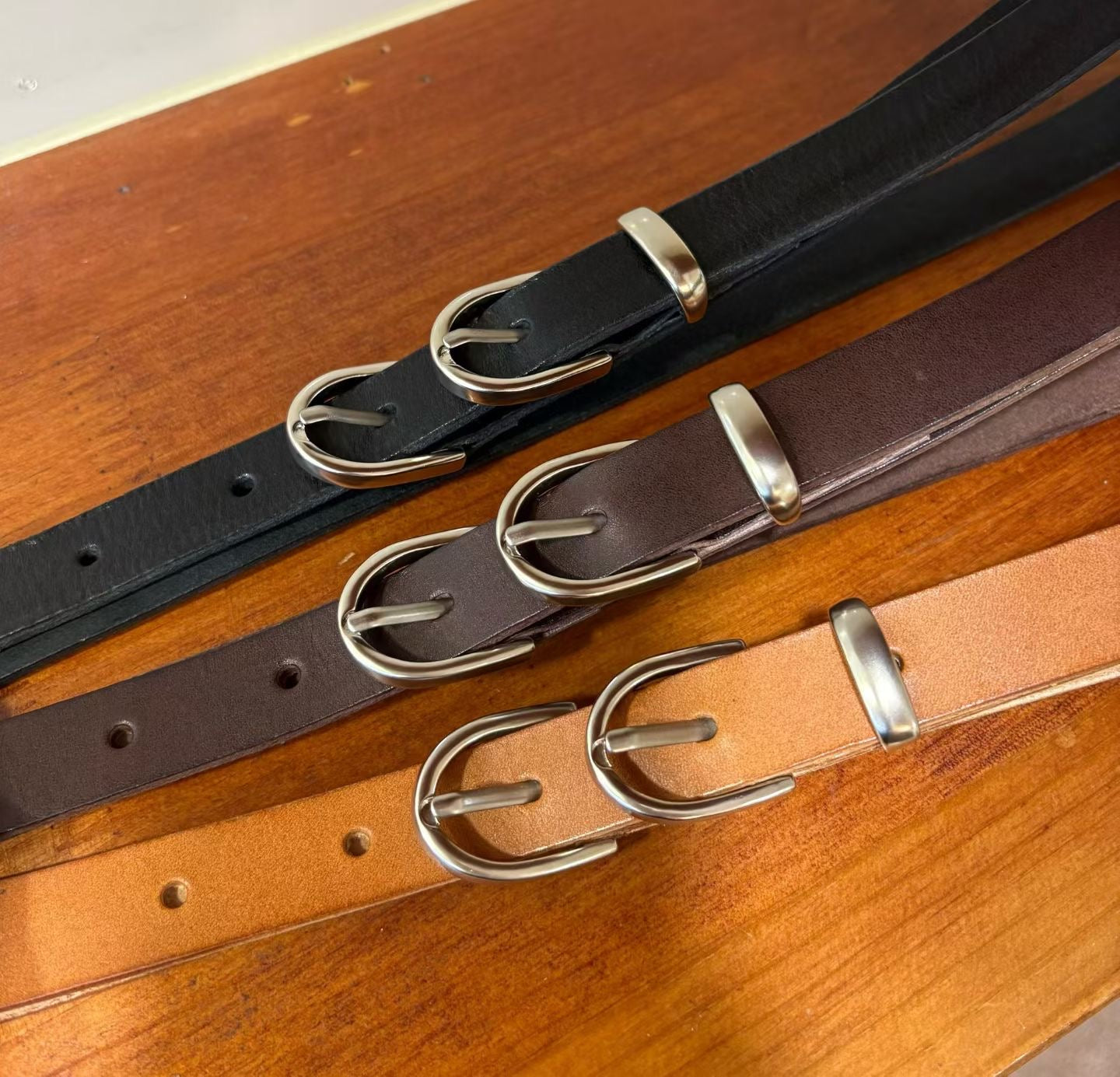 AC22039- 韓國雙環扣真牛皮細版皮帶