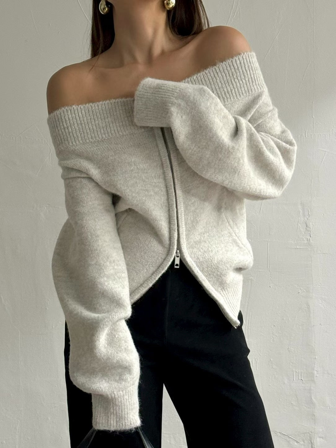 TP22086- 韓國法式羊毛混紡一字領寬鬆長袖毛衣