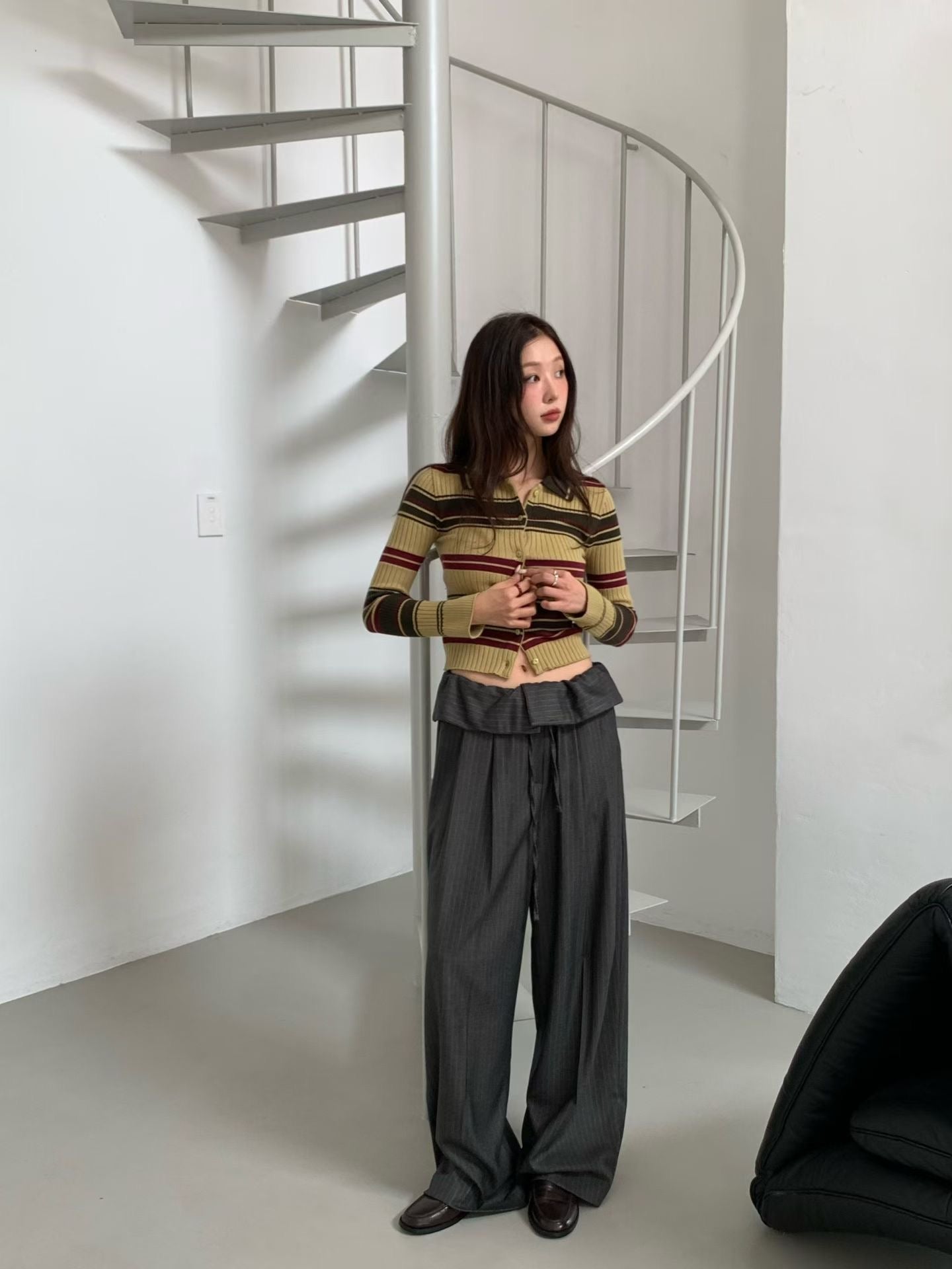 TP22006- 韓國短身復古修身撞色條紋毛衣針織開襟衫