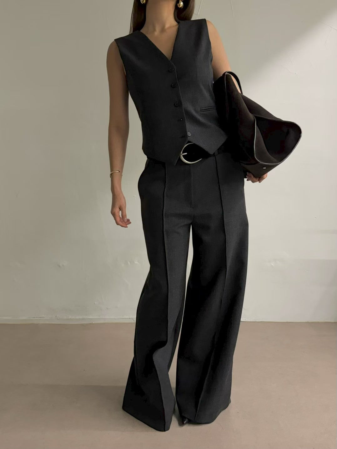 ST22090- 韓國西裝馬甲背心 + 寬鬆直筒褲兩件套