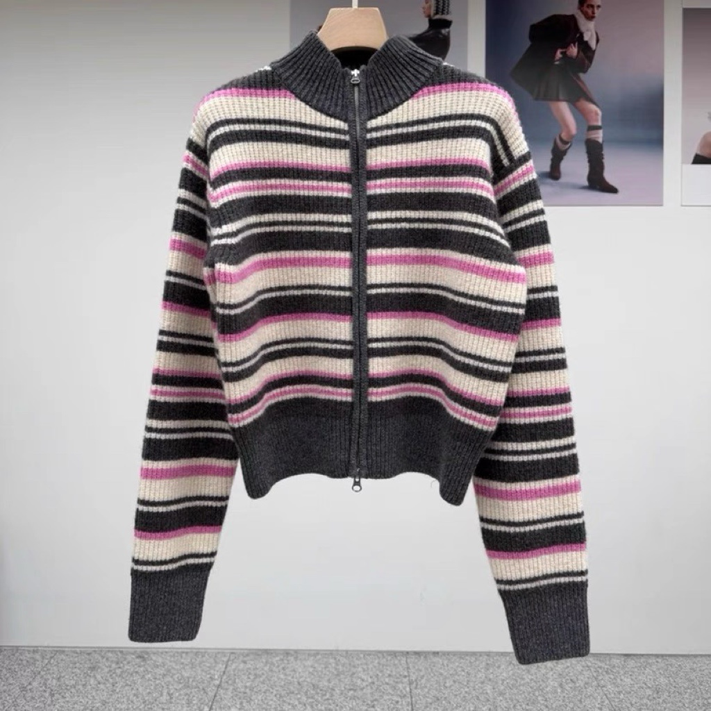 TP22080- 韓國高質感羊駝毛混紡條紋休閒針織外套