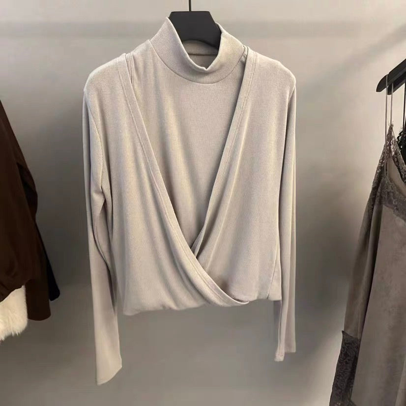 TP22020- 韓國高領露肩針織假兩件上衣