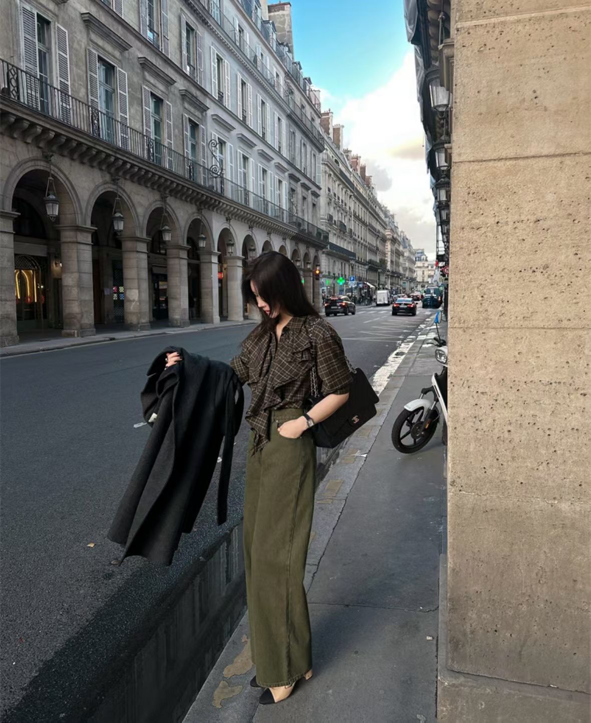 TP22073- 韓國設計師款復古浪漫格紋荷葉邊長袖襯衫