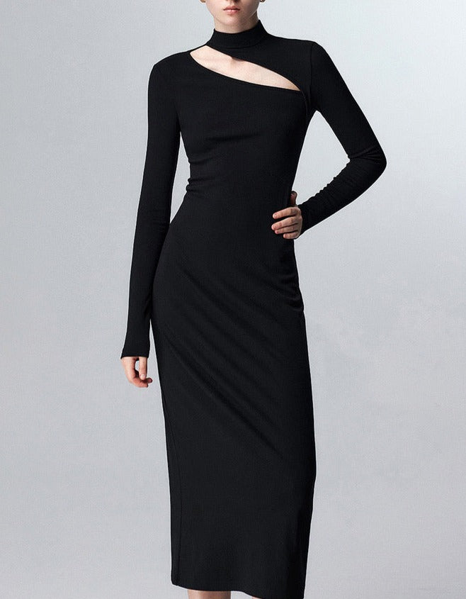 DS11230- Time collarbone hollow knitted dress