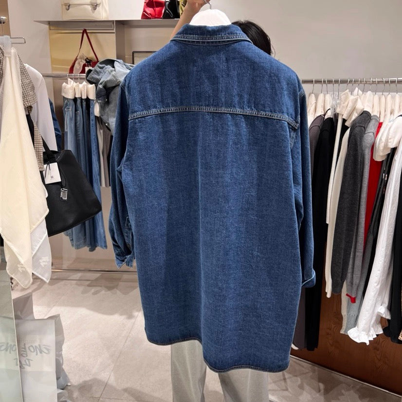 DN21899- 美式復古寬鬆長版牛仔襯衫外套