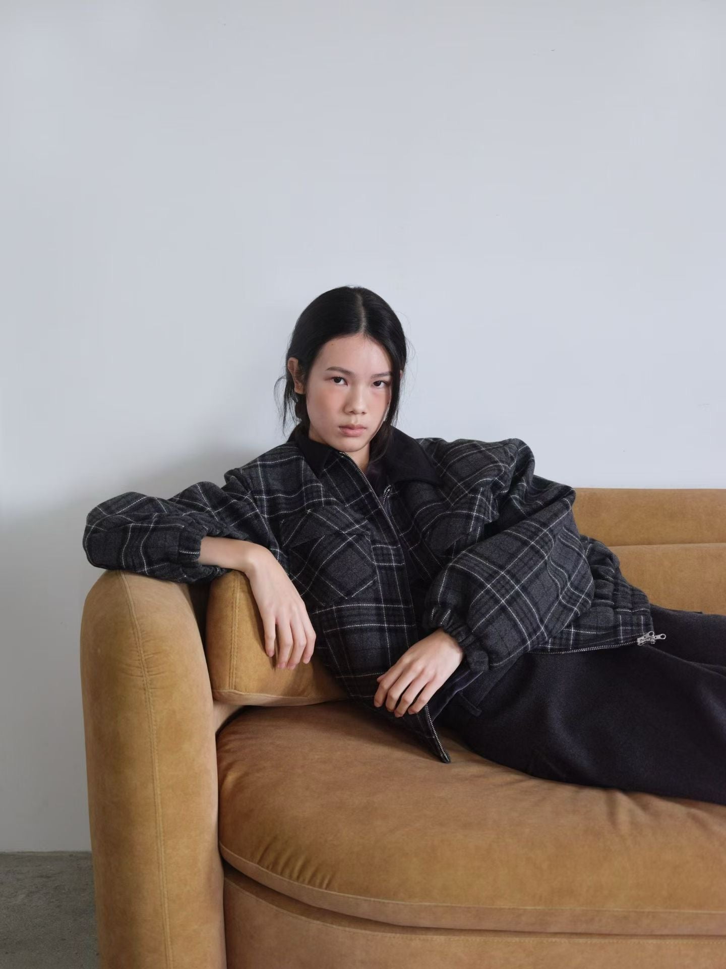 OT22028- 韓國設計師款學院風格紋毛呢短版外套