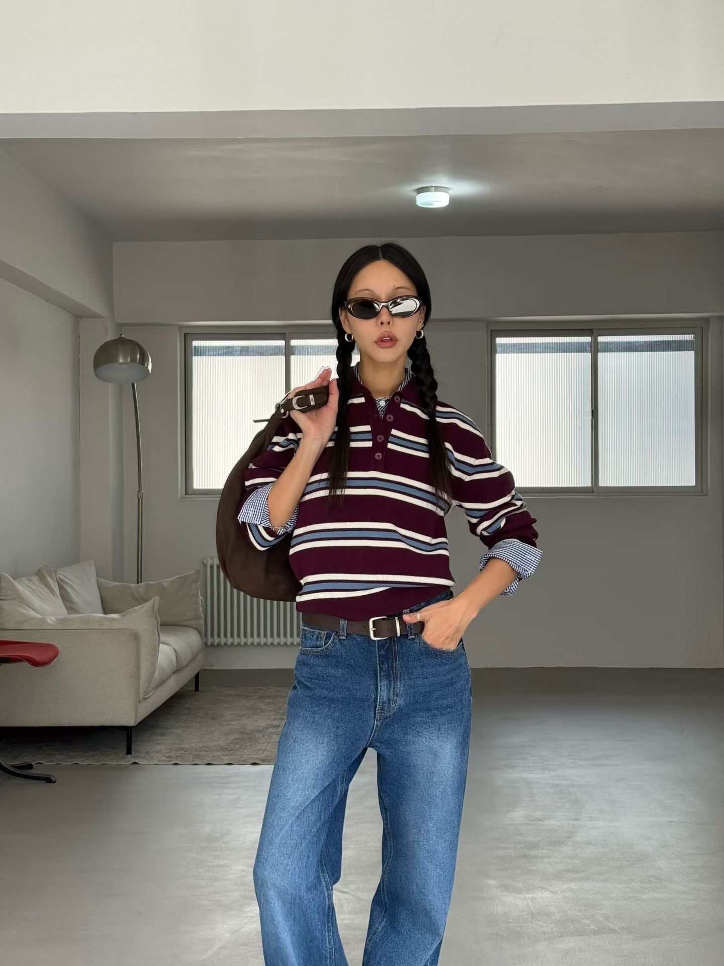 TP22025- 韓國撞色條紋短版POLO針織衫