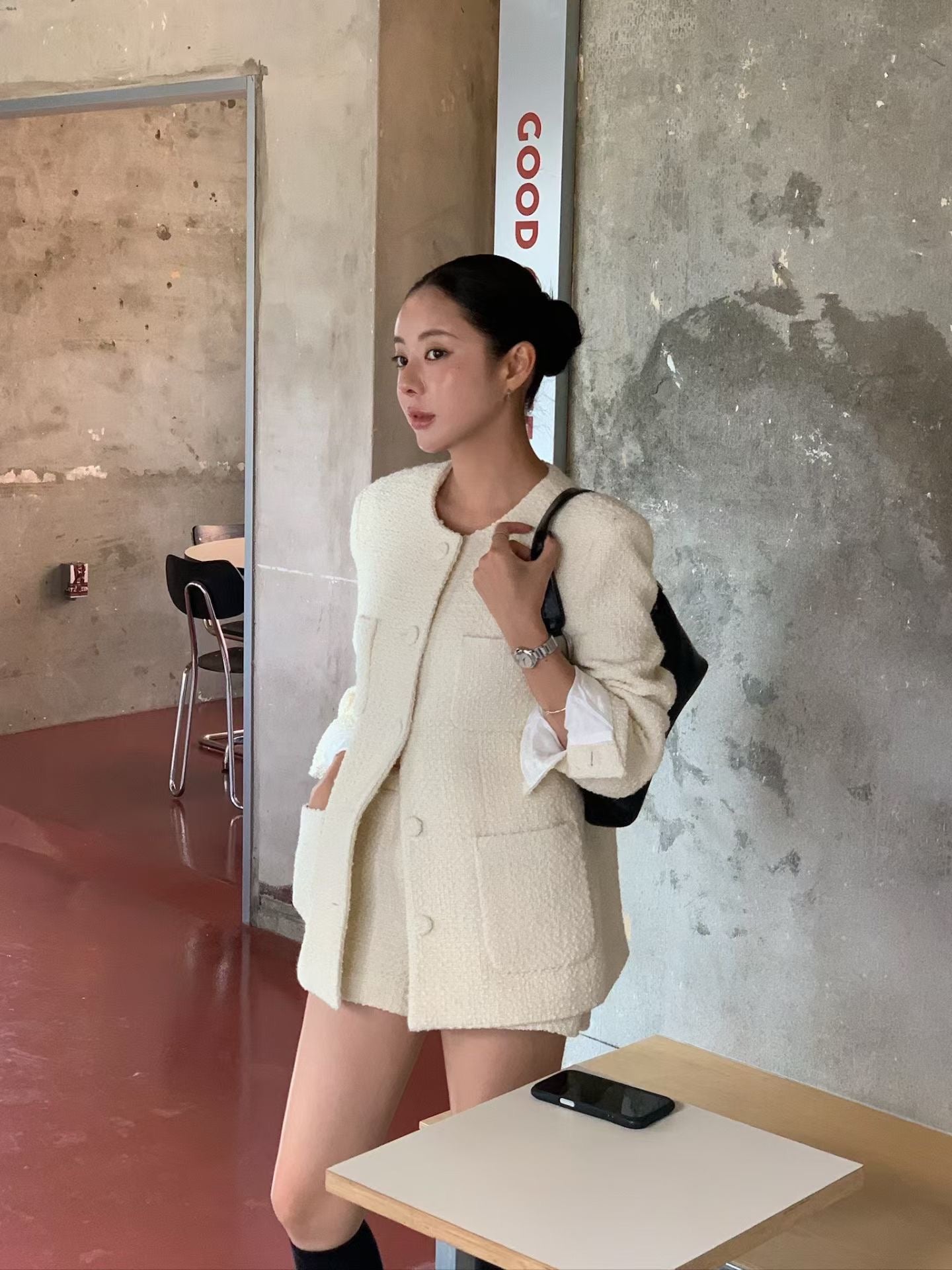 ST21900- 韓國小香風氣質粗花呢外套與短褲套裝