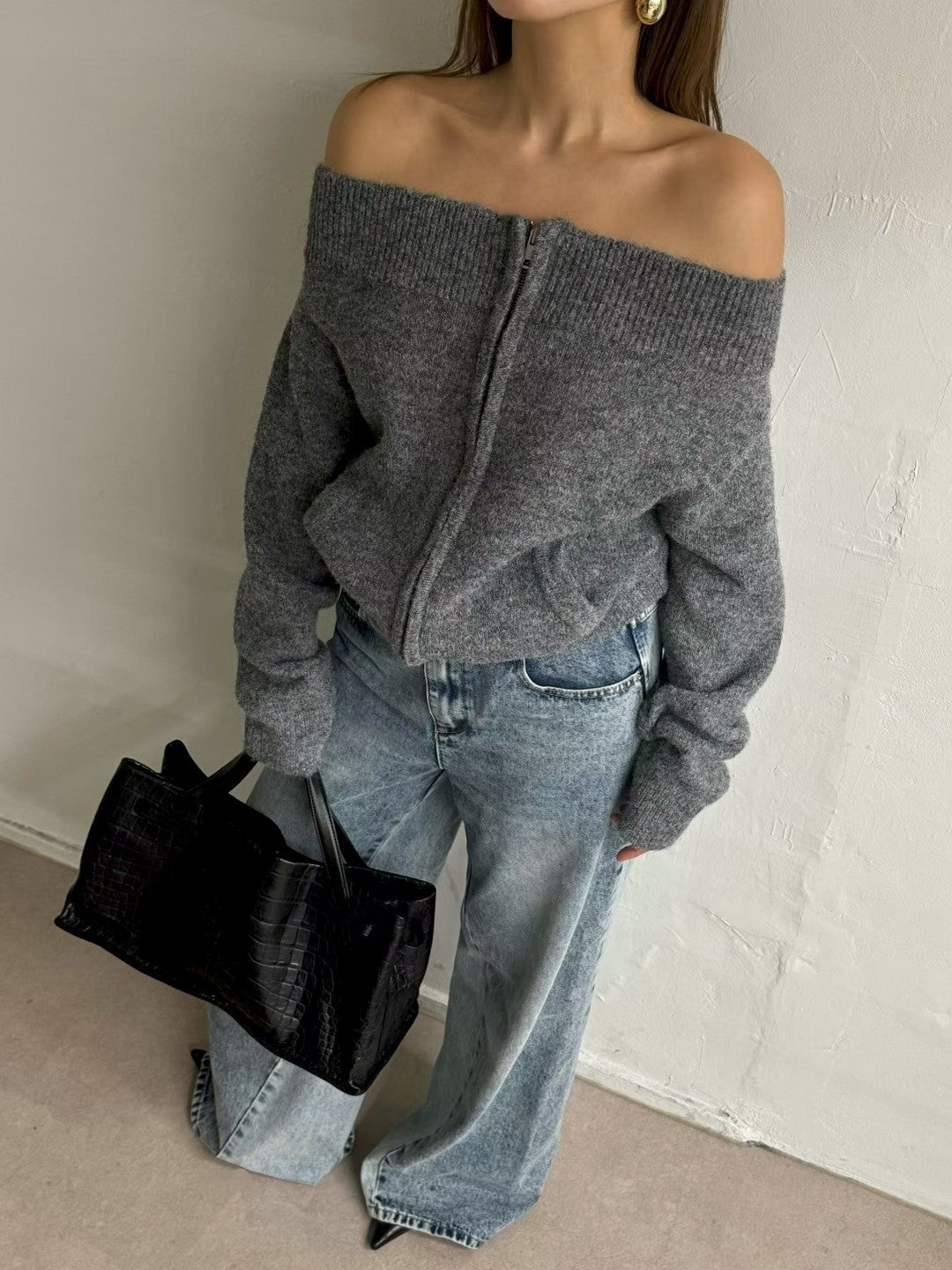 TP22086- 韓國法式羊毛混紡一字領寬鬆長袖毛衣