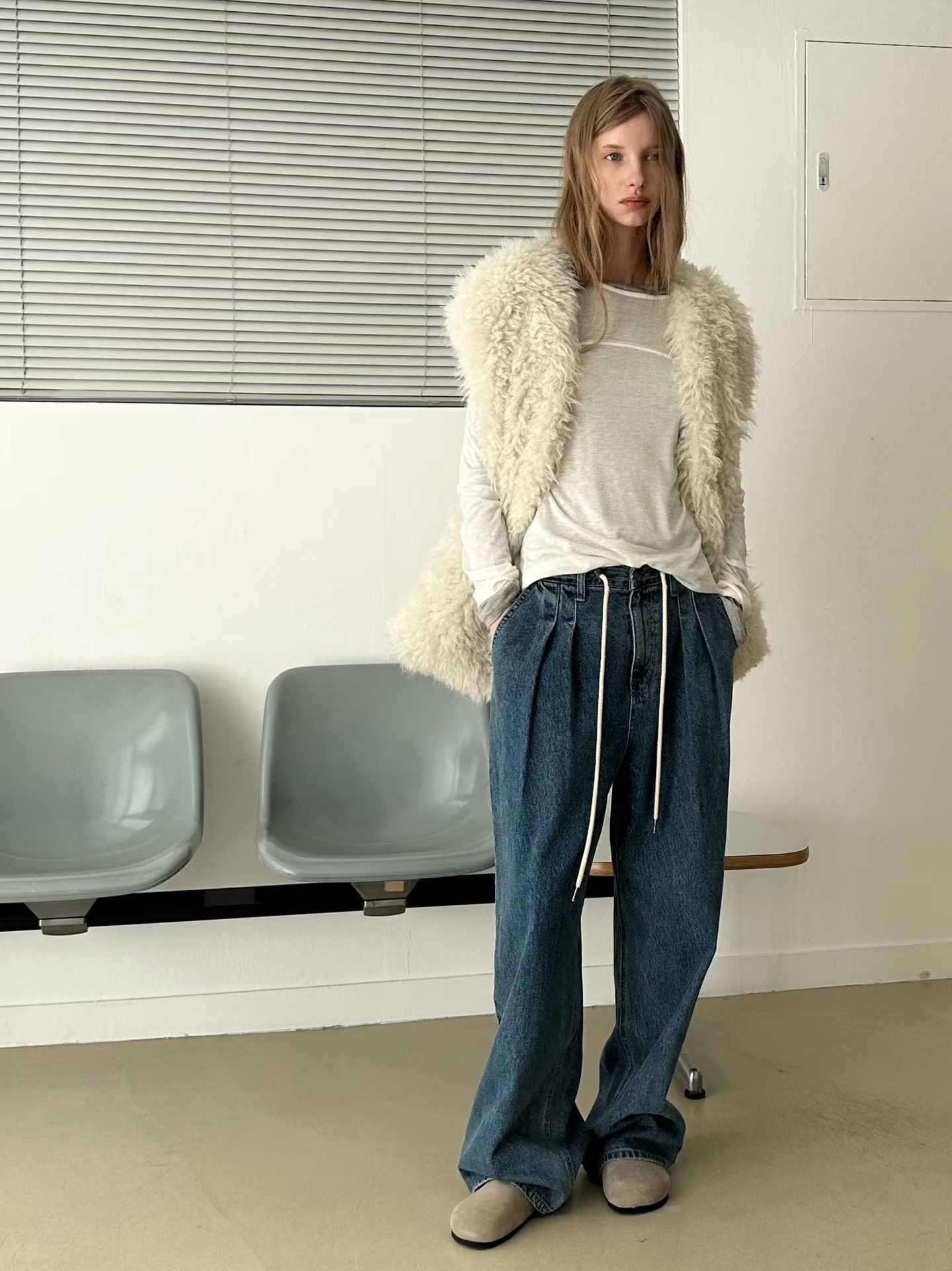 OT21998- 韓國V領fake fur羊羔毛环保皮草馬甲背心