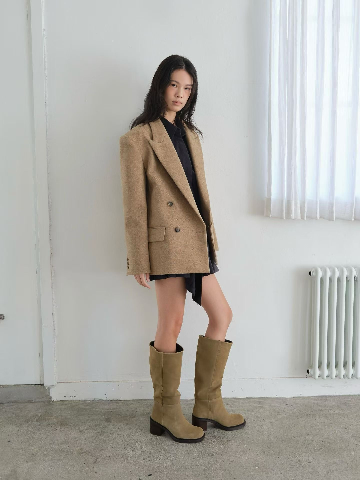 OT22026- 韓國設計師款經典寛鬆百搭毛呢雙排扣西裝