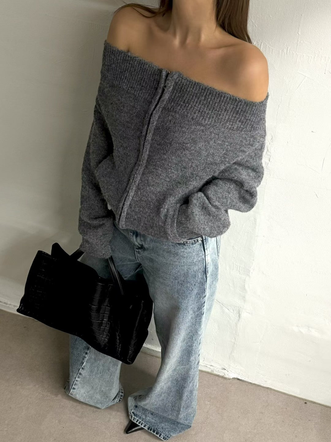 TP22086- 韓國法式羊毛混紡一字領寬鬆長袖毛衣