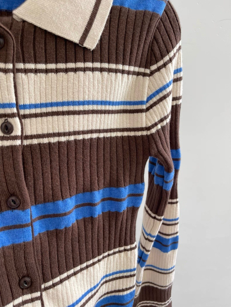 TP22006- 韓國短身復古修身撞色條紋毛衣針織開襟衫