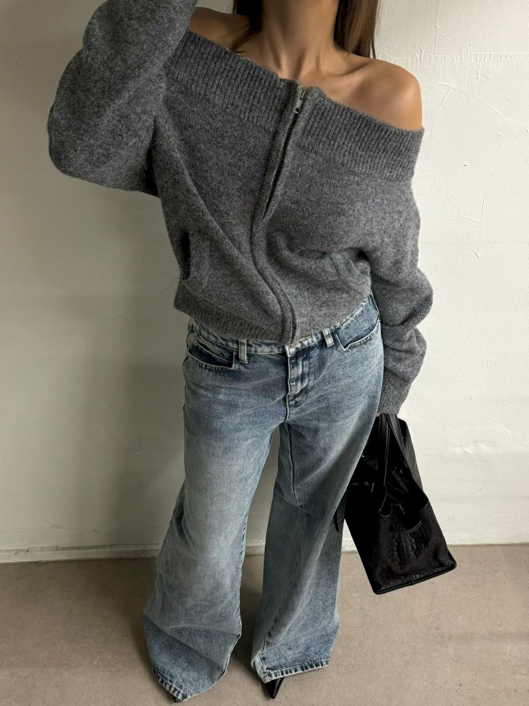 TP22086- 韓國法式羊毛混紡一字領寬鬆長袖毛衣