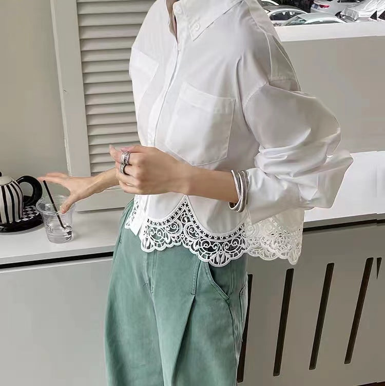 TP11330- Elegant French lace stitching design women’s white shirt