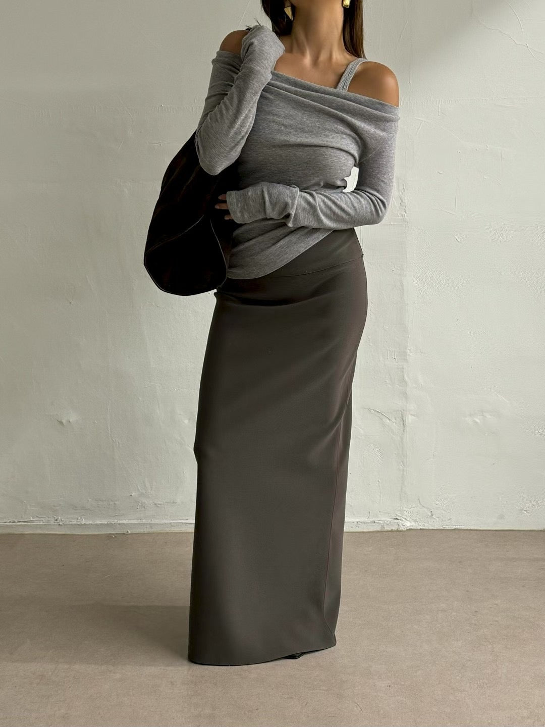 TP22019- 韓國秋冬性感羊絨混紡垂墜露肩長袖上衣