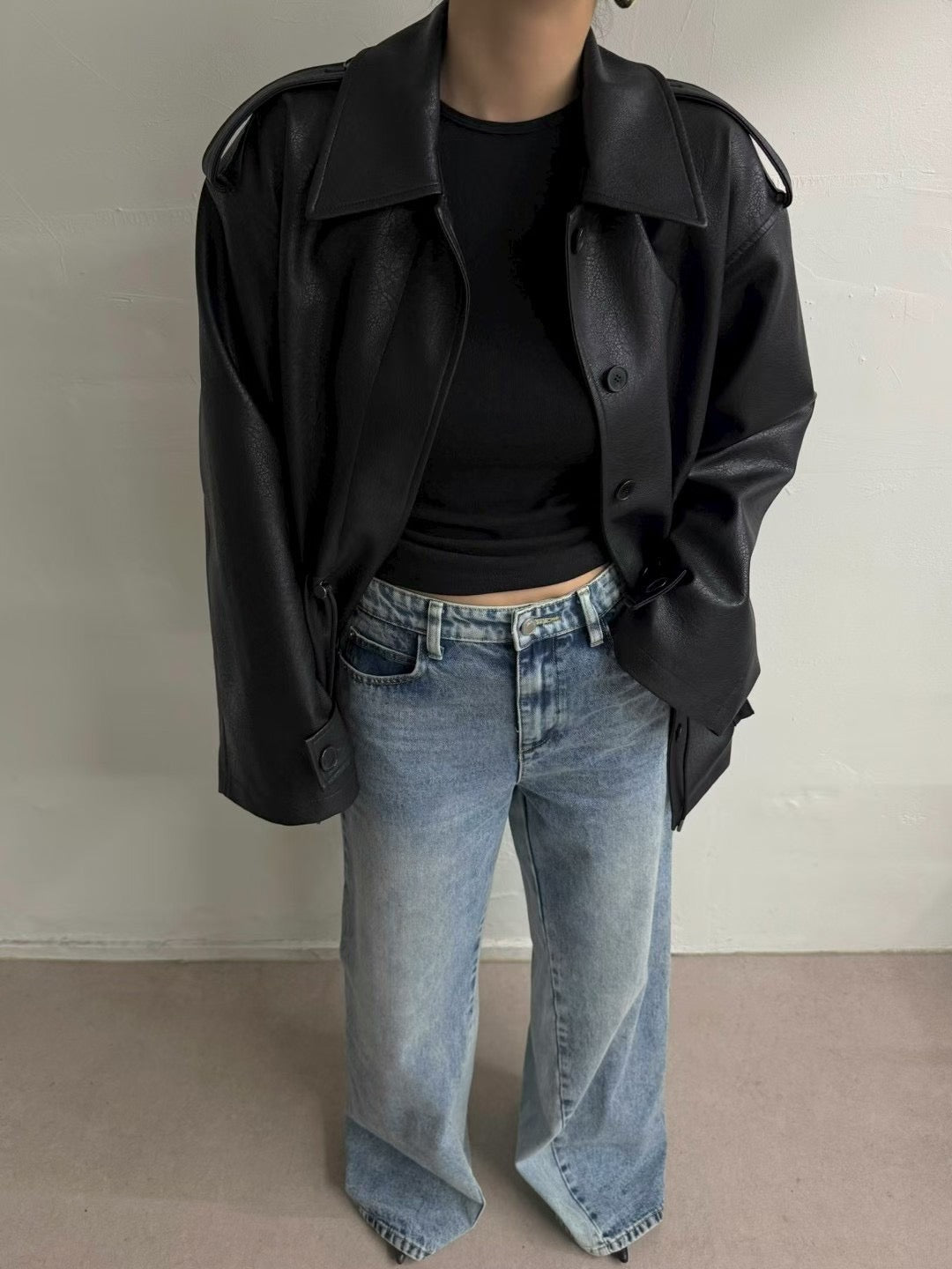 JK22089- 韓國PU皮革寬鬆機車外套