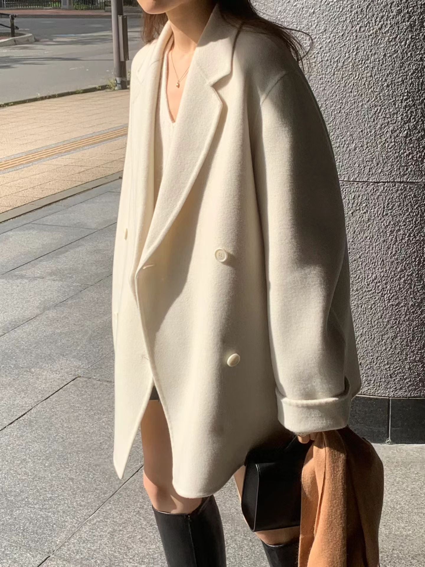 OT21933- 韓國氣質通勤雙排扣羊毛呢大衣外套